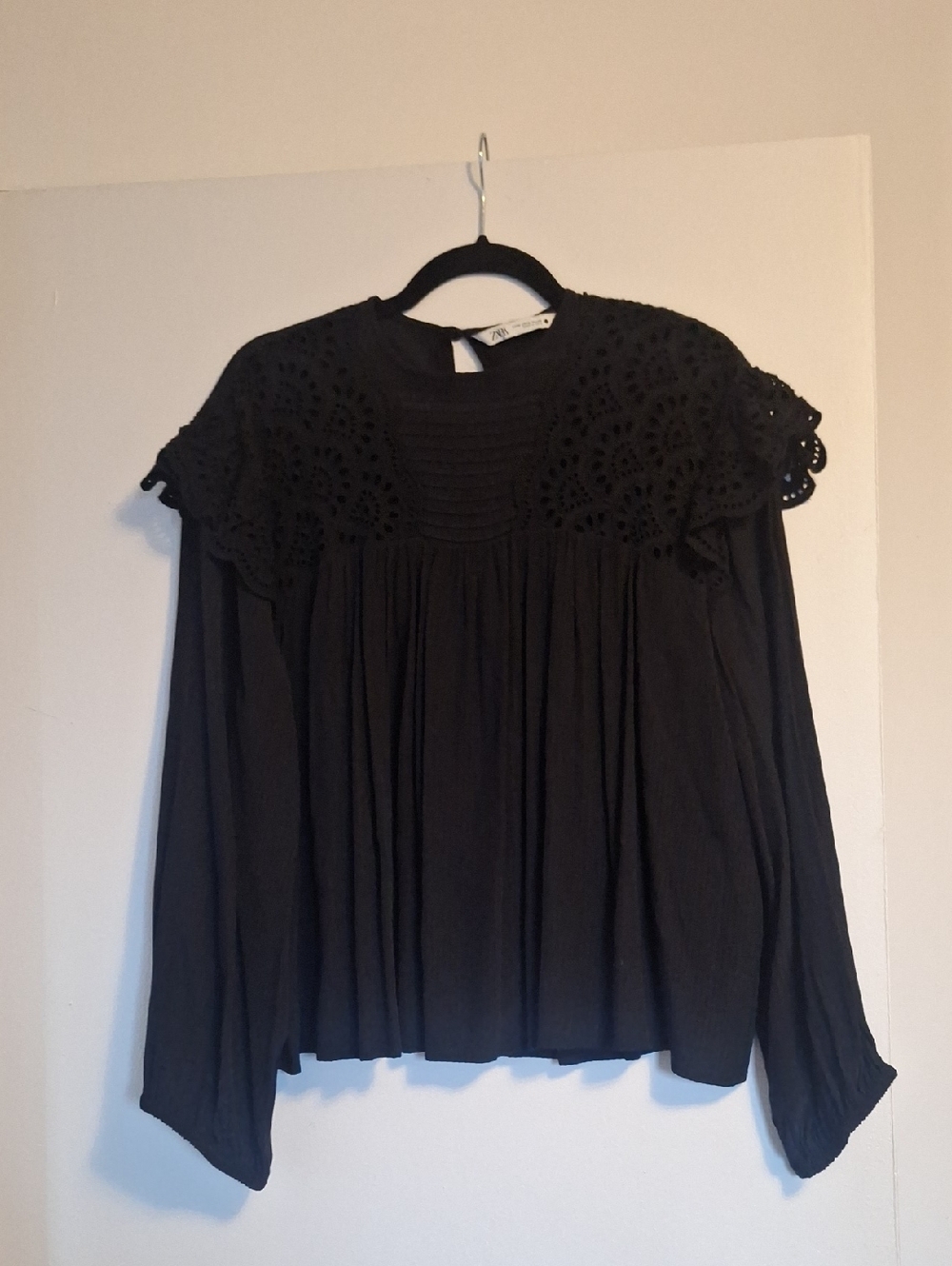 Black Eyelet Yoke Long-Sleeve Top